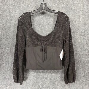 Whimsigoth Lace Long Sleeve Top Womens L Black Square Neck Coquette Romantic Y2K